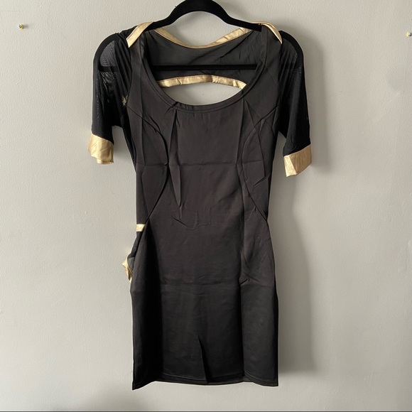 Black Dress with Mesh and Gold Trim Detail - Picture 2 of 8